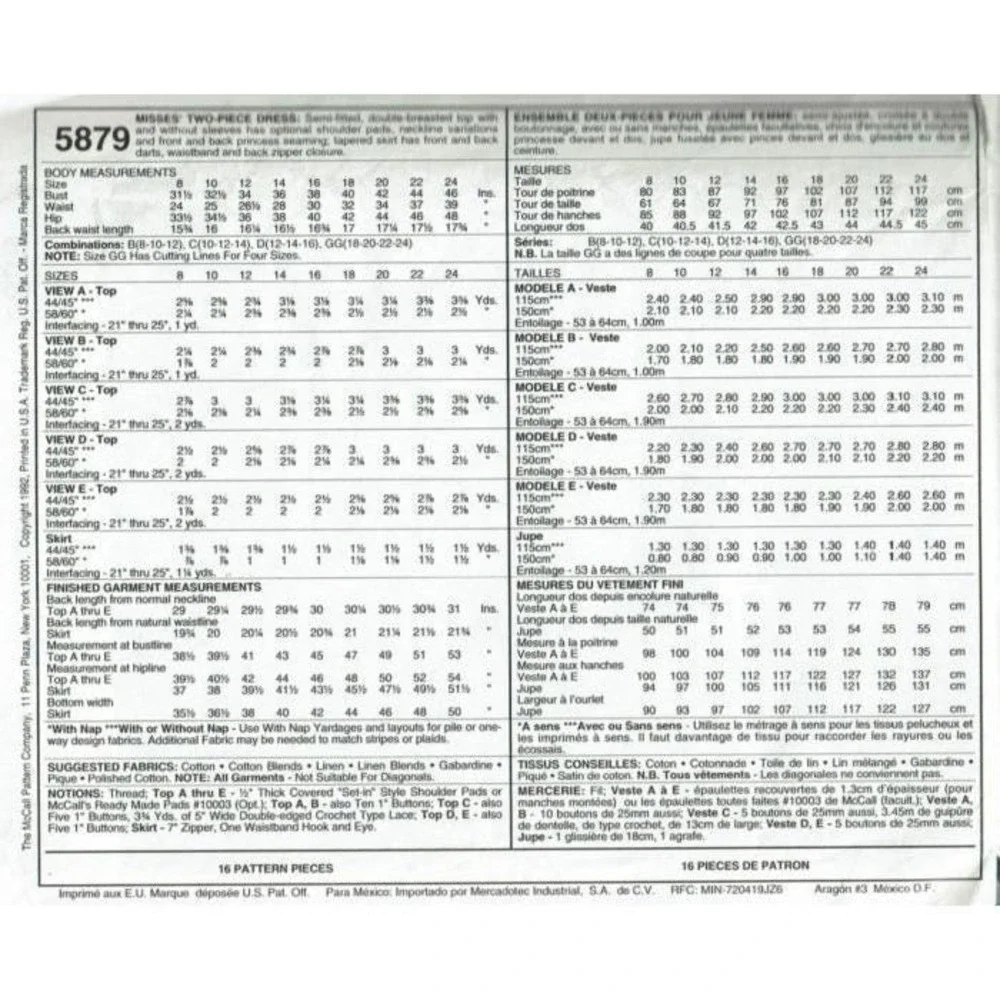 McCalls Sewing Pattern 5879 Two Piece Dress‎ Misses Size 8-12